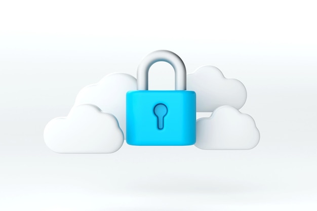 Seguridad en la nube y protección de datos El candado azul protege los datos que se encuentran en medio de una nube suave y esponjosa