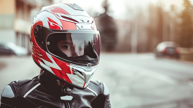 Foto la seguridad primero la mujer motociclista asegura su protección usando un casco