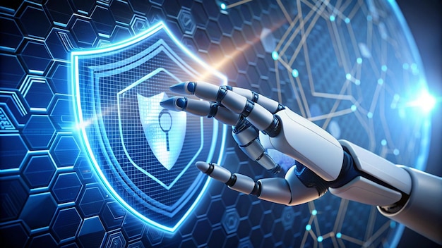 Seguridad privacidad segura Robot dedo toque en la esfera brillante de hexágono y escudo Alta computadora