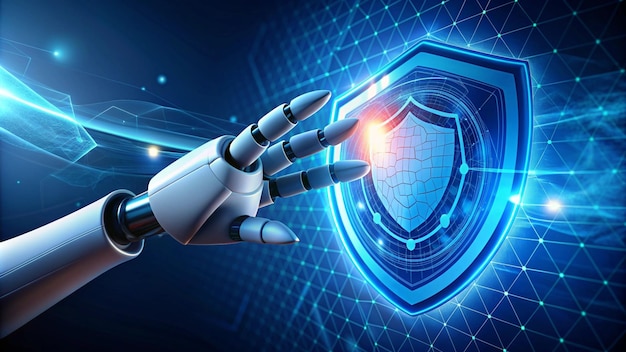 Seguridad privacidad segura Robot dedo toque en la esfera brillante de hexágono y escudo Alta computadora