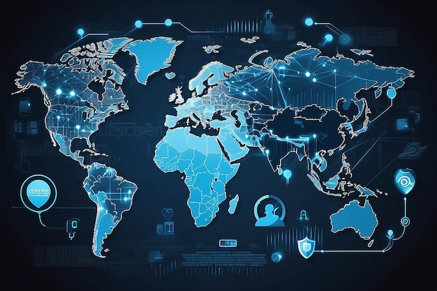 Foto seguridad de la red global mapa del mundo ilustración vectorial