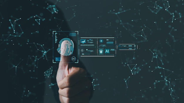 Seguridad de la tecnología del futuro y cibernética en Internet El escaneo de dedos permite el acceso a la seguridad y la identificación de grandes empresas de datos, bancos y computadoras en la nube.