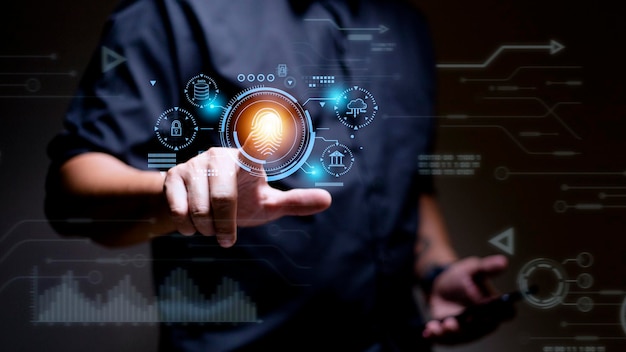 Seguridad de la tecnología del futuro y cibernética en Internet El escaneo de dedos permite el acceso a la seguridad y la identificación de grandes empresas de datos, bancos y computadoras en la nube