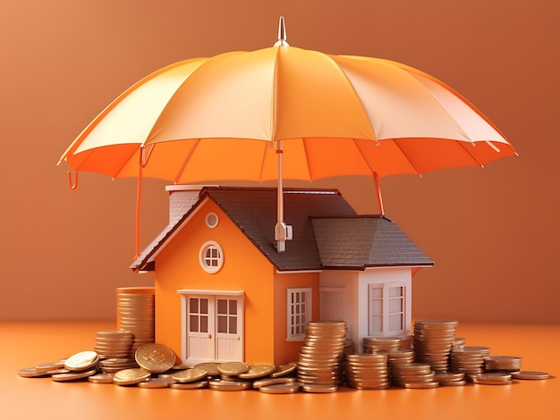 Seguro ao comprar moedas domésticas e uma casa sob um guarda-chuva em um fundo laranja