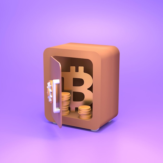 Seguro com moedas de ouro e bitcoin. Conceito de economia de finanças. Ilustração 3D render