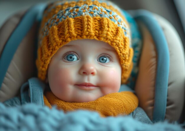Seguro e elegante de viagem para bebês em assento de carro com chapéu de tricô