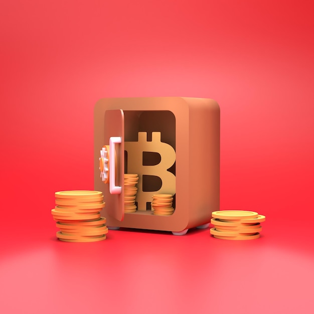 Seguro con monedas de oro y bitcoin. Concepto de ahorro de finanzas. Ilustración de render 3d