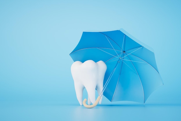 Seguro para tratamiento dental diente bajo un paraguas en un render 3D de fondo azul