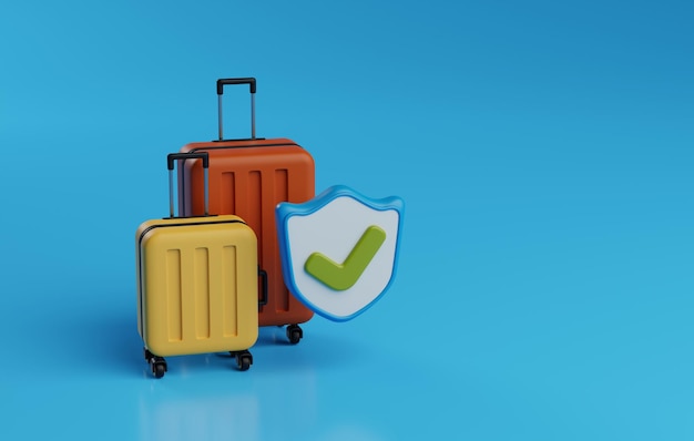 Seguro de viaje con equipaje y escudo con marca de cheque Render 3D