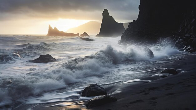 Sehen Sie die schwachen Sandküstenwellen des Atlantischen Ozeans in Island, AI generiert