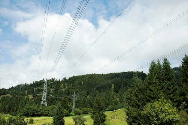 Sehen Sie sich die Landschaft und das landwirtschaftliche Feld mit Stromspannungspfosten oder Strommasten in der Landschaft Österreichs an
