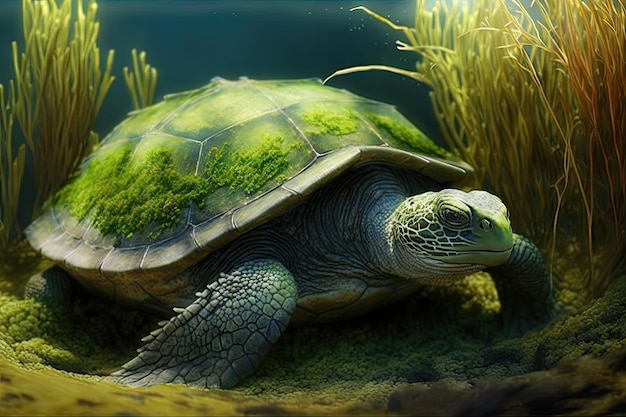 Sehr alte Schildkröte sonnt sich in der Sonne, ihr Panzer ist mit Algen bedeckt