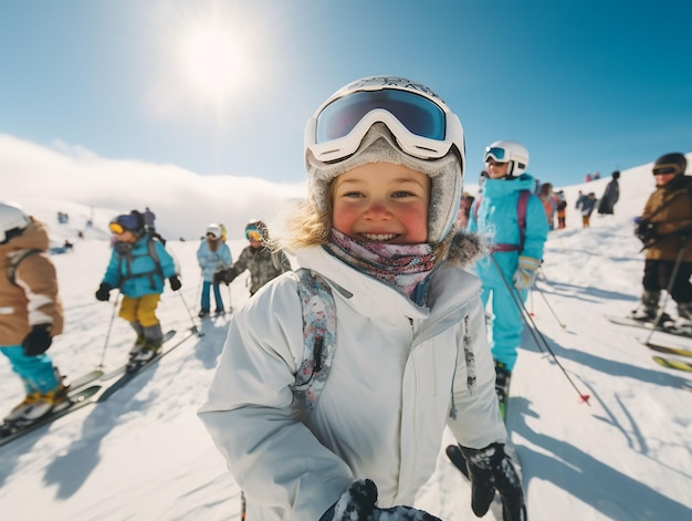 Foto sehr aufgeregt kind in anzug skifahren in den bergen spaß im schnee generiert ai