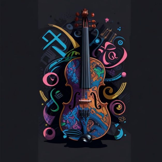 Sehr detaillierte, farbenfrohe Graffiti-Illustration einer Violine, eines Klaviers und einer Gitarre in leuchtenden Farben in hoher Auflösung