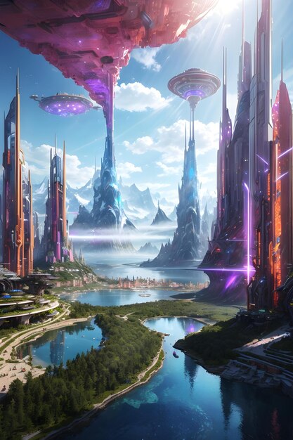 Sehr detaillierte, futuristische, große, farbenfrohe Stadt mit einem realistischen Waldsee in der Mitte