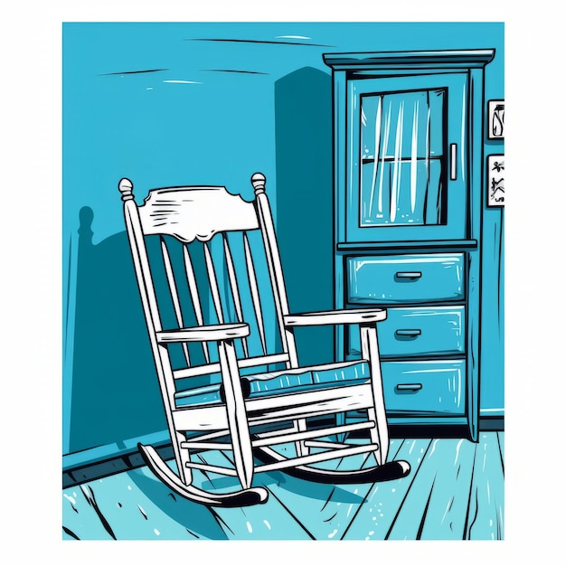 Sehr detaillierte Illustrationen eines blauen Raumes mit einem Schaukelstuhl und einem Schrank im Comic-Strip-Art-Stil