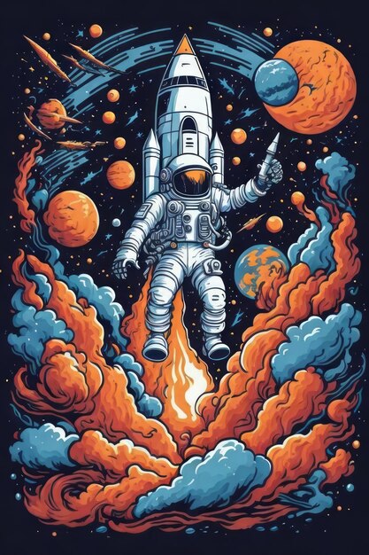 Sehr detaillierte Raketenstart, im Hintergrund der Galaxie verloren, Astronauten-T-Shirt-Design, Streetwear-Design