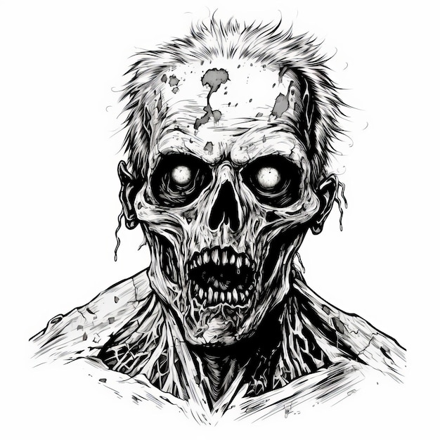 Sehr detaillierte schwarz-weiße Zombie-Illustration im Yankeecore-Stil
