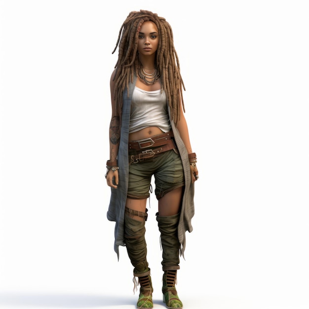 Sehr detailliertes 3D-Modell eines weiblichen Dreadlocks im apokalyptischen Junglepunk-Stil