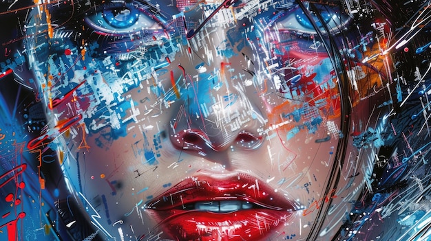 Sehr detailliertes Cyberpunk-Porträt inspiriert von Sandra Chevrier