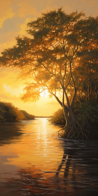 Sehr detailliertes Ölgemälde von Mangroven während des goldenen Sonnenaufgangs im Lizzo-Stil