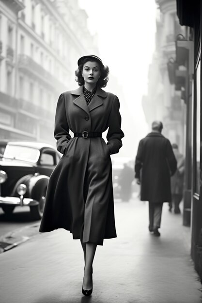 Foto sehr elegante frau, die 1950 durch paris geht, monochromatisch