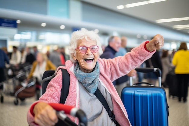 Sehr glückliche alte Frau am Flughafenterminal