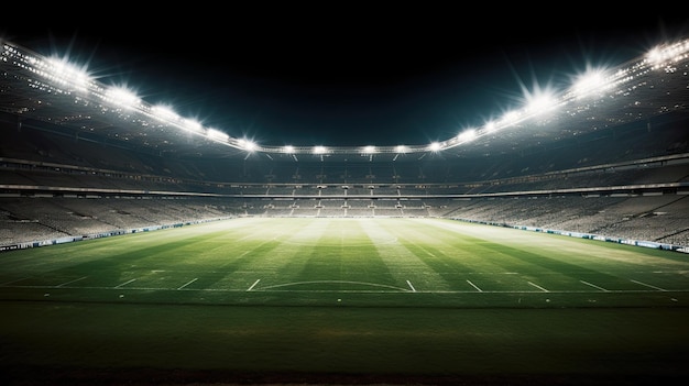 Sehr großes Rasenstadion, nachts beleuchtet