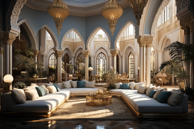 Sehr luxuriöses und großes Zimmer mit Wänden, die mit marokkanischen Mosaiken verziert sind. Zimmer im traditionellen islamischen Stil
