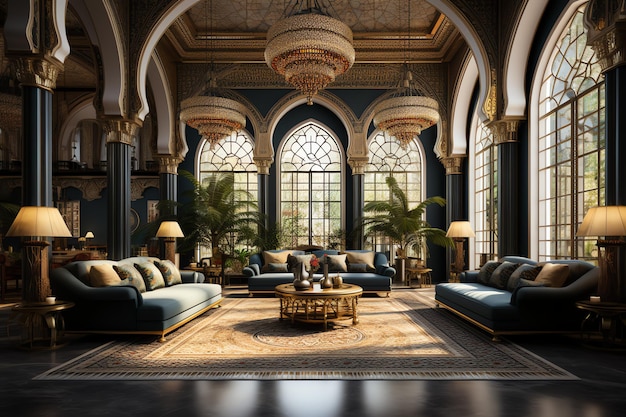 Sehr luxuriöses und großes Zimmer mit Wänden, die mit marokkanischen Mosaiken verziert sind. Zimmer im traditionellen islamischen Stil