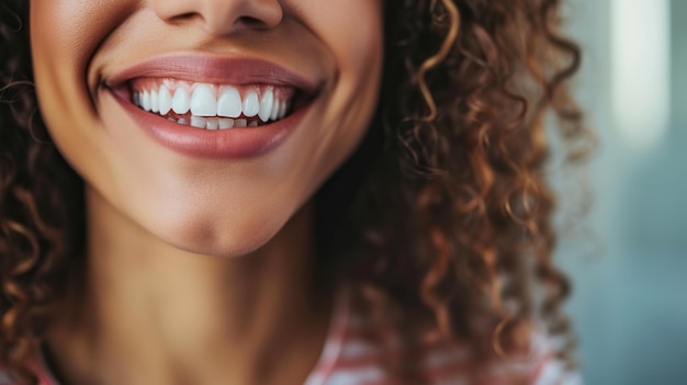 Sehr nahe auf weibliche gesunde Zähne lächeln