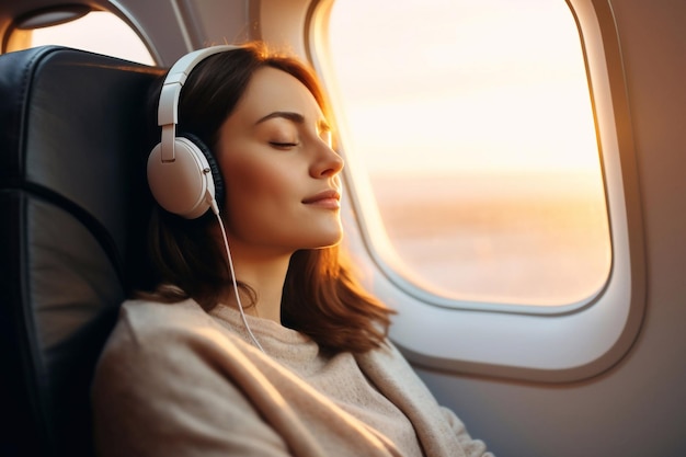 Sehr schöne Frau mit Reisekissen ruht sich aus, während sie während des Fluges Musik im Flugzeug hört