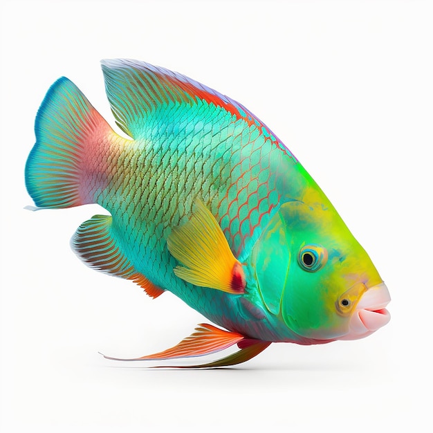 Sehr schöner heller türkisfarbener tropischer Fisch Papagei lokalisiert auf weißer Nahaufnahme, ungewöhnlicher Fisch