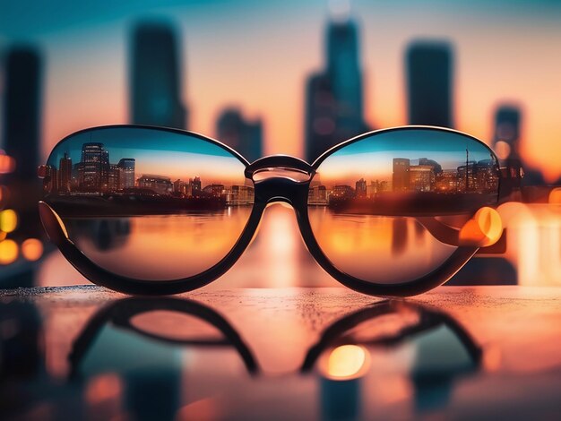 Sehvermögen reflektiert in Sonnenbrillen Stadtbild Hintergrund moderne Eleganz beleuchtet