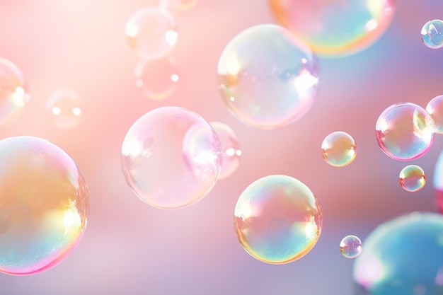 Seifenblasen, die auf einem pastellfarbenen Hintergrund in der Luft schwimmen, Iridescent-Blasen, Träumen, Spaß und Freude, Abstraktes Desktop-Wallpapier, Reinigung und Waschen