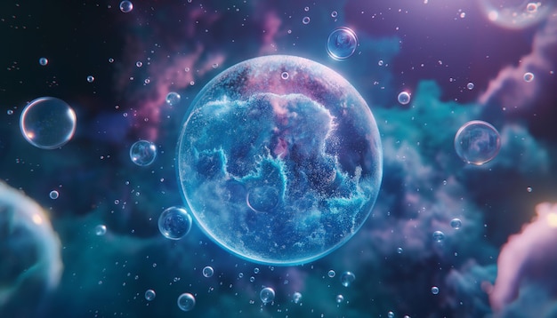 Seifenblasen wirbeln und sehen aus wie Planeten.
