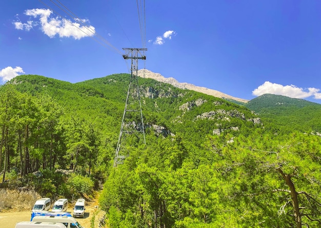 Seilbahn auf den Bergblick aus der Höhe grüner exotischer Pflanzen und Autokabine mit Touristen