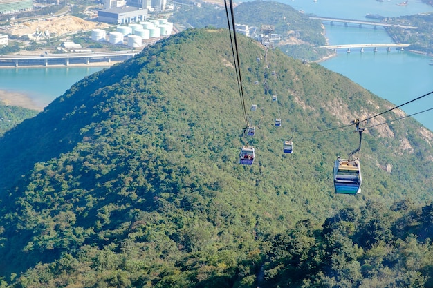 Seilbahn Ngong Ping mit Touristen über Hafen, Bergen und Stadthintergrund in Hong Kong