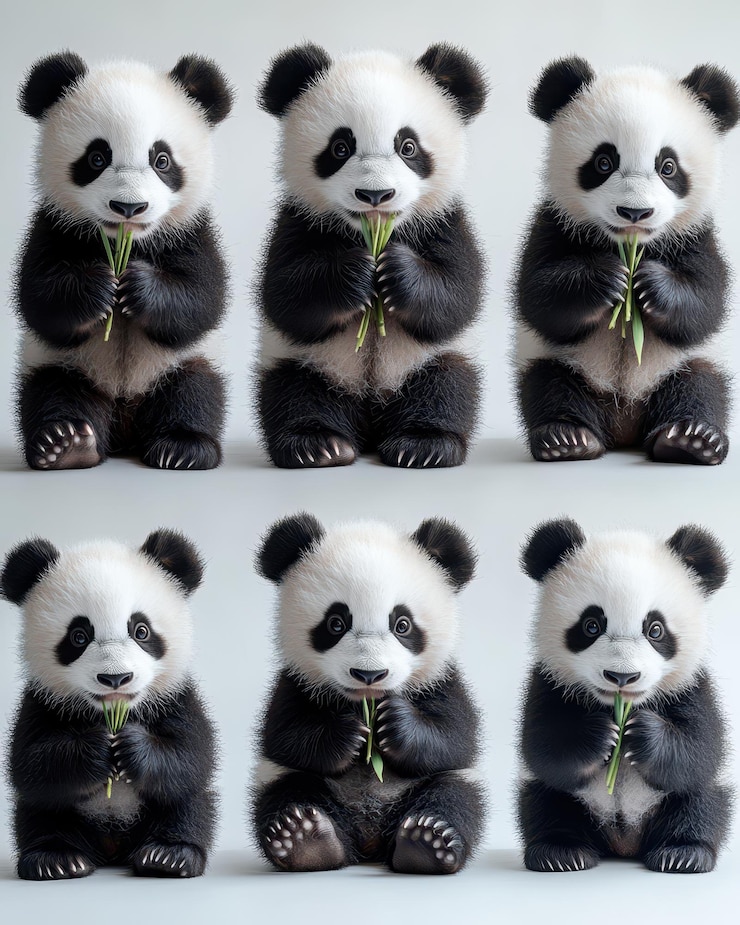 Foto seis adorables bebés pandas que comen bambú hacen un collage en 3d de lindos cachorros de panda gigante