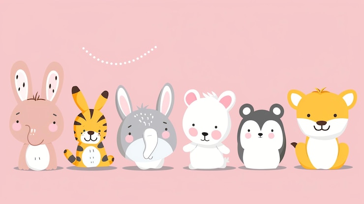 Foto seis animais de desenho animado bonitos sentados em fila em um fundo rosa