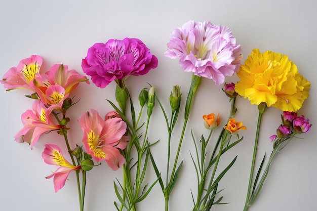 Seis bonitas flores cor-de-rosa na mesa branca Um lindo buquê de presentes naturais Perfeitos para o verão