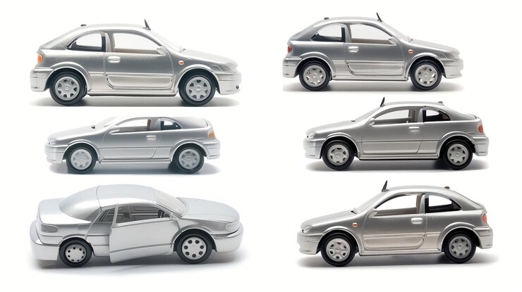 Foto seis carros de brinquedo prateados em várias posições em um fundo branco