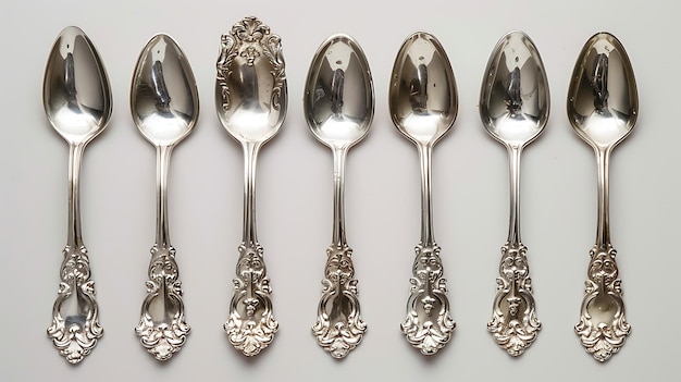 Seis cucharas de plata con mangos ornamentados están dispuestas en fila sobre un fondo blanco sólido