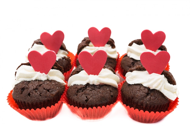 Seis cupcakes do chocolate valentines