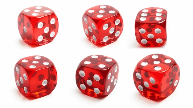 seis dados rojos con botones de plata en ellos uno rojo con puntos blancos en fondo blanco