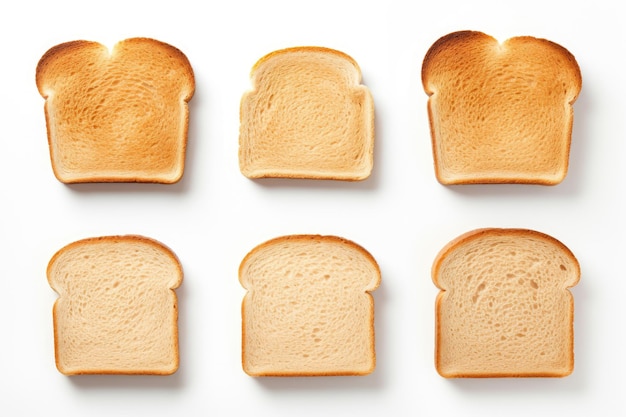 Seis fatias de pão torrado são isoladas em um fundo branco