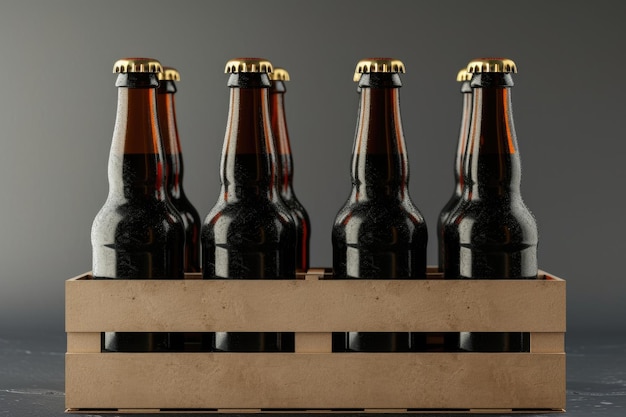 Seis garrafas de cerveja numa caixa.