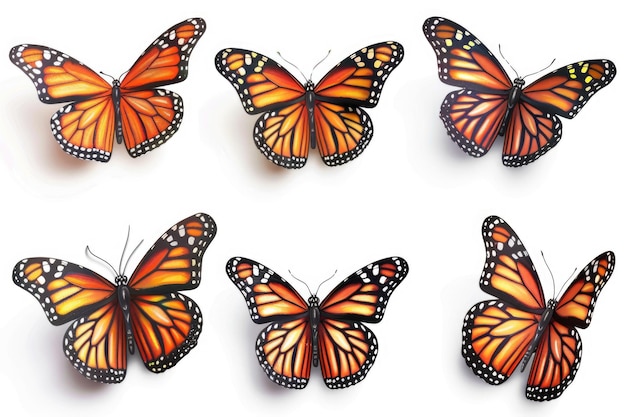 Seis hermosas mariposas monarca aisladas sobre un fondo blanco