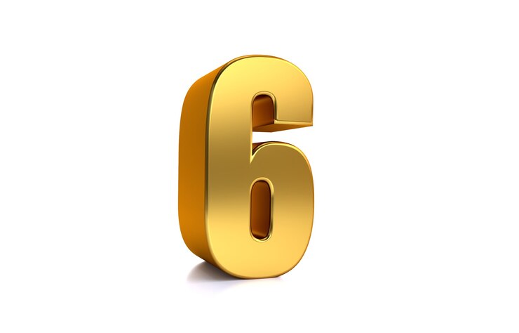 Foto seis ilustração 3d número dourado 6 no fundo branco e copie o espaço no lado direito para o texto melhor para a celebração do aniversário, aniversário, ano novo