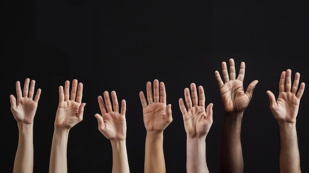 Foto seis mãos diversas levantadas contra um fundo preto simbolizando a unidade, a diversidade e a participação